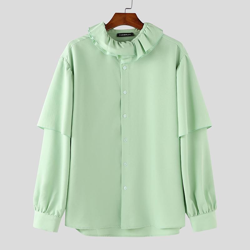 

INCERUN Men Ruffled Neck Layers Long Sleeve Buttons Casual Loose Elegant Shirts зелений