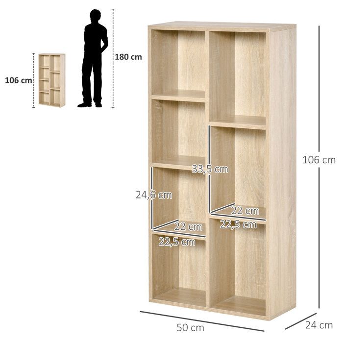 Meuble de rangement Bibliothèque HOMCOM étagère 7 cubes pour intérieur, salon, chambre - 50l x 24P x 106H cm, bois naturel