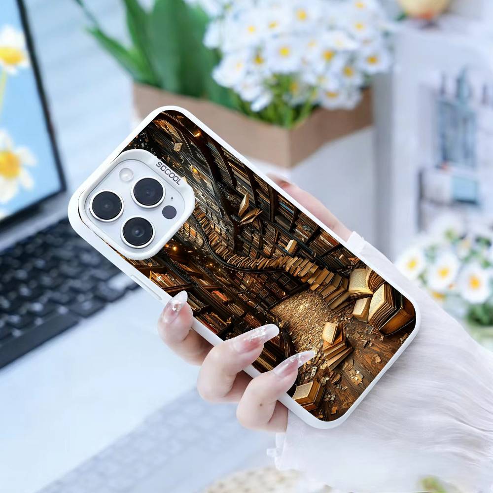 Vintage Bookshelf Kitten Phone Case For iPhone17, 16,15,14,13,12 Pro Max white Candy Matte Shockproof Cover