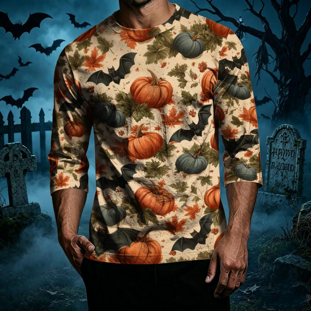 Men Casual Halloween Print Raglan Sleeve T Shirt Crew Neck Three Quarter Sleeve Top Comfortable Fit Lightweight Fabric