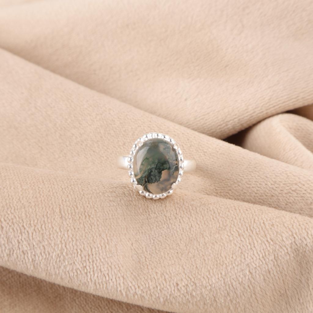 Oval Moss Agate Gemstone 925 Silver Birthday Cocktail Mother Gift Ring Jewelry RR-28-26
