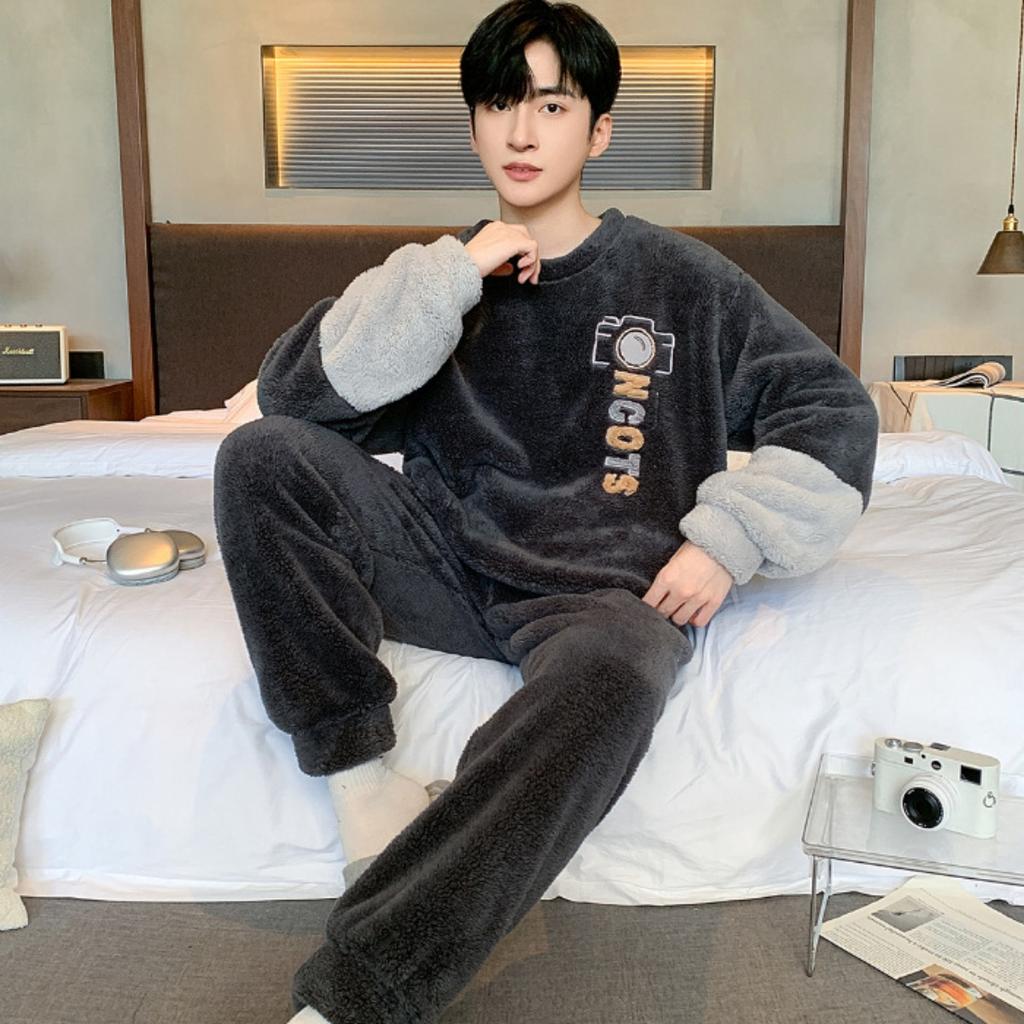Winter, Coral Fleece, Pajamas, Men's Clothing, Thickened Fleece, Round Neck, Long Sleeved Pants, Suits, Home Clothes