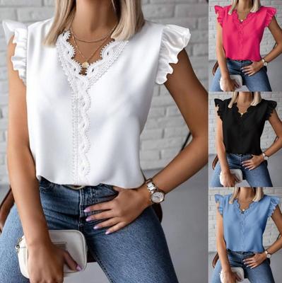 Summer Ruffled Simple V-neck Lace Patchwork Loose Shirt for Women Fashion Elegant Casual Flying Sleeve Blouses Women Vintage Solid Slim Fit Tops 26643