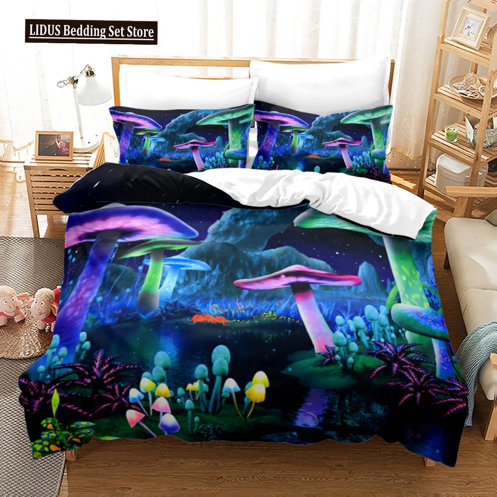 Mushroom Duvet Cover Set King Queen Size Star Purple Blue Trippy Mushroom Pattern Cartoon Polyester Bedding Set For Kid Boy Girl