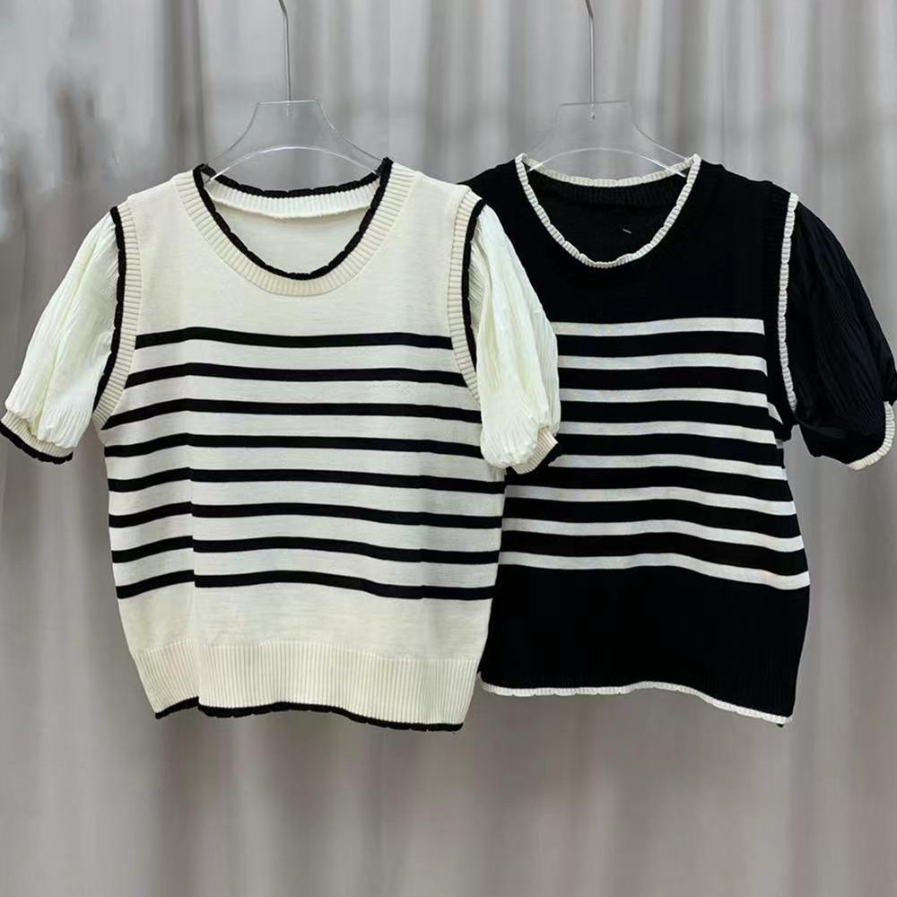 Summer Simple Fashion Round Neck Chiffon Splicing Fake Two Pieces Short-sleeved Tops Female Casual Essential Comfort Style Slim Fit Pullovers Tees