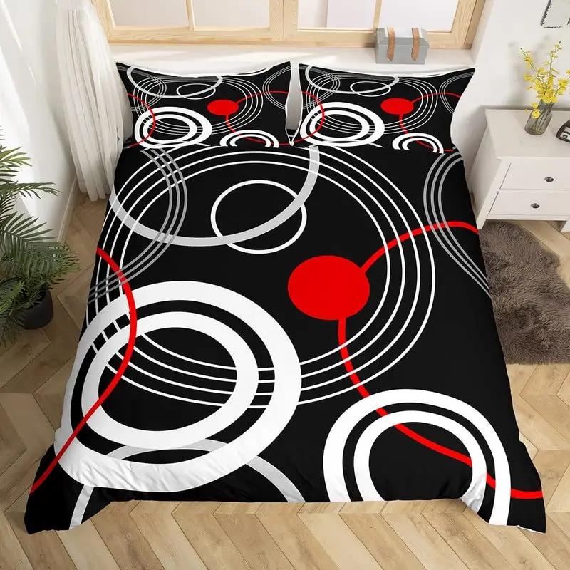 

Geometric Circles Duvet Cover Red and Black Quilt Set Suitable for Children Kids Boys Girls Teenagers Abstract Art Bedding Set 135x200cm
