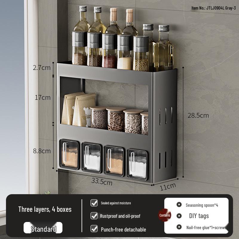 Punch-Free Wall-Mounted Kitchen Seasoning Rack with Jars