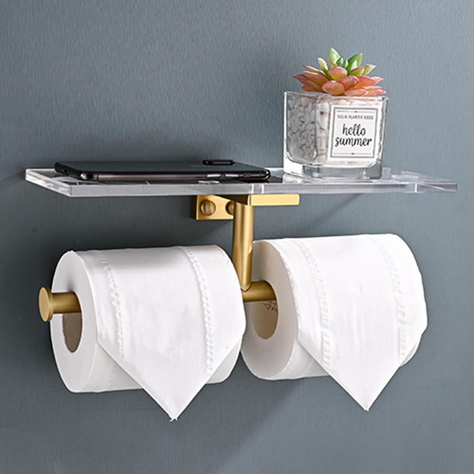Gold Toilet Paper Holder with Shelf Black Aluminum Creative Acrylic Double Paper Towel Rack Tissue Hanger for Bathroom Kitchen