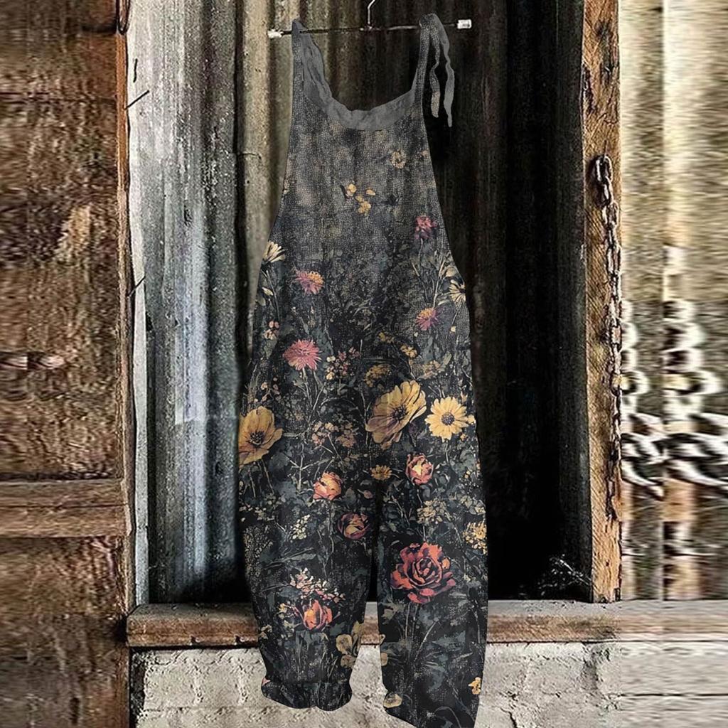 Women's Jumpsuit Floral Print Casual Loose Vintage Shoulder Strap Cotton Linen