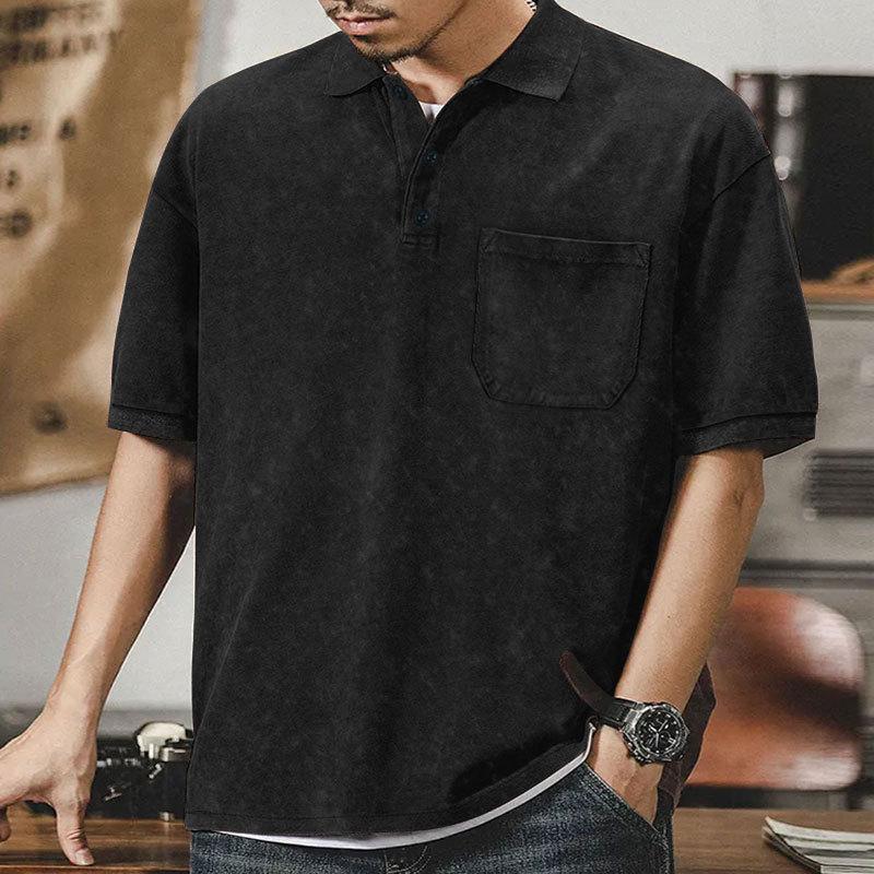 New Men s POLO Shirt American Retro Heavyweight T-shirt Summer Casual Versatile Lapel Solid Colour Short-sleeved Tops S чёрный