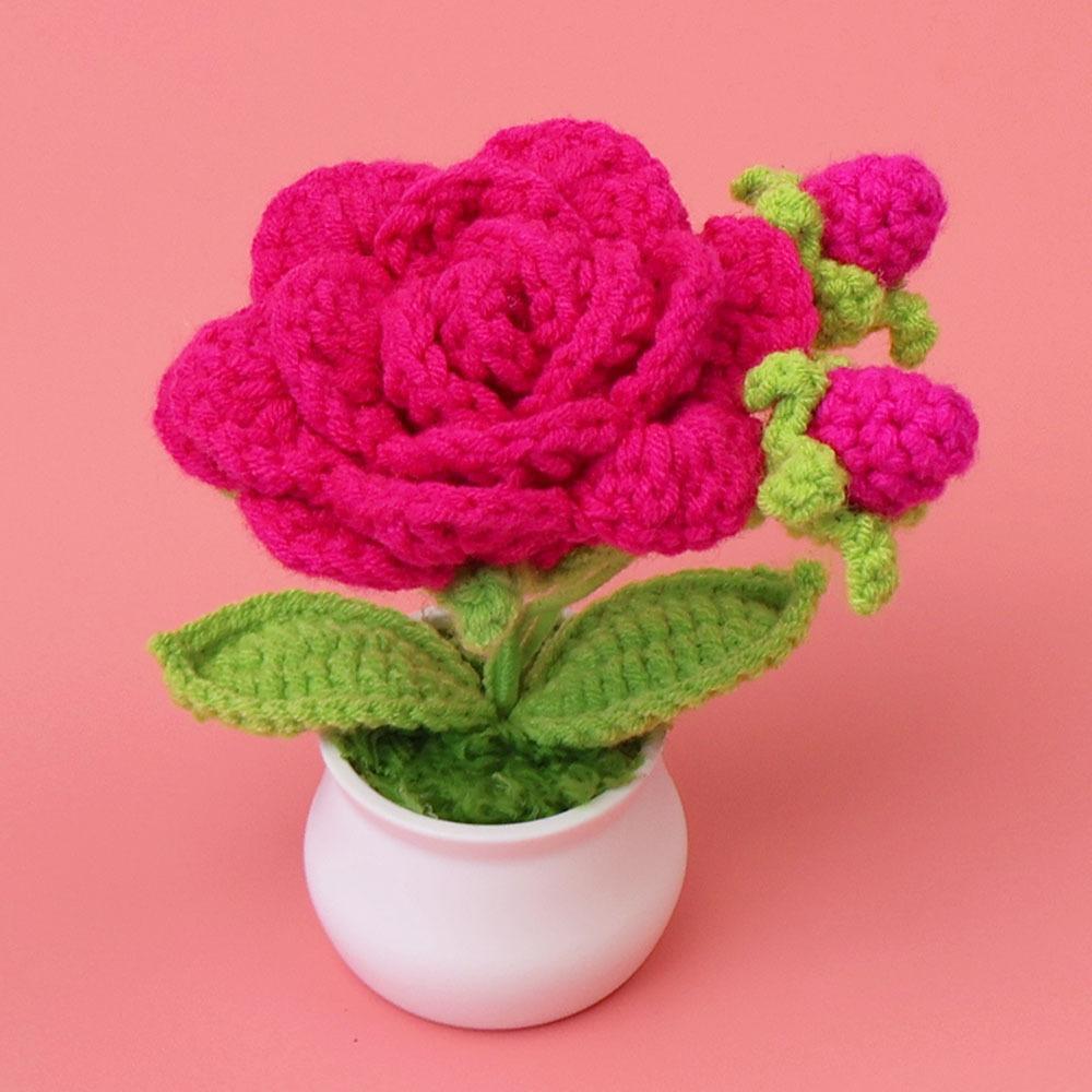 Rose Crochet Flower Pot with Bud  Romantic Handwoven Rose Flowers Knitting Flower Table Car Decor