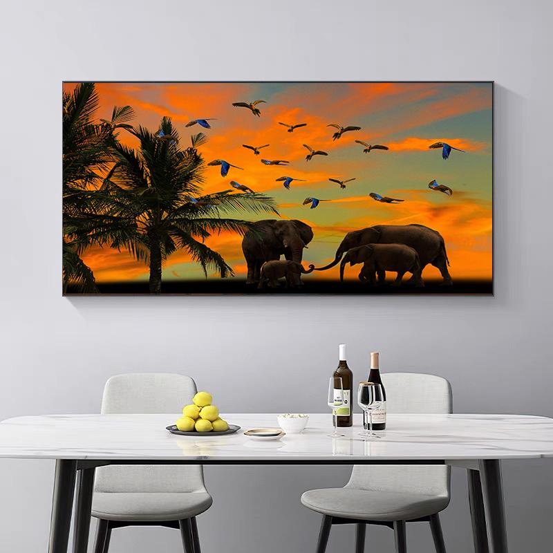 Animal Wild Elephant Leopard Sunset Scene In Africa Canvas Painting Posters and Prints Wall Art Pictures Home Decor No Frame