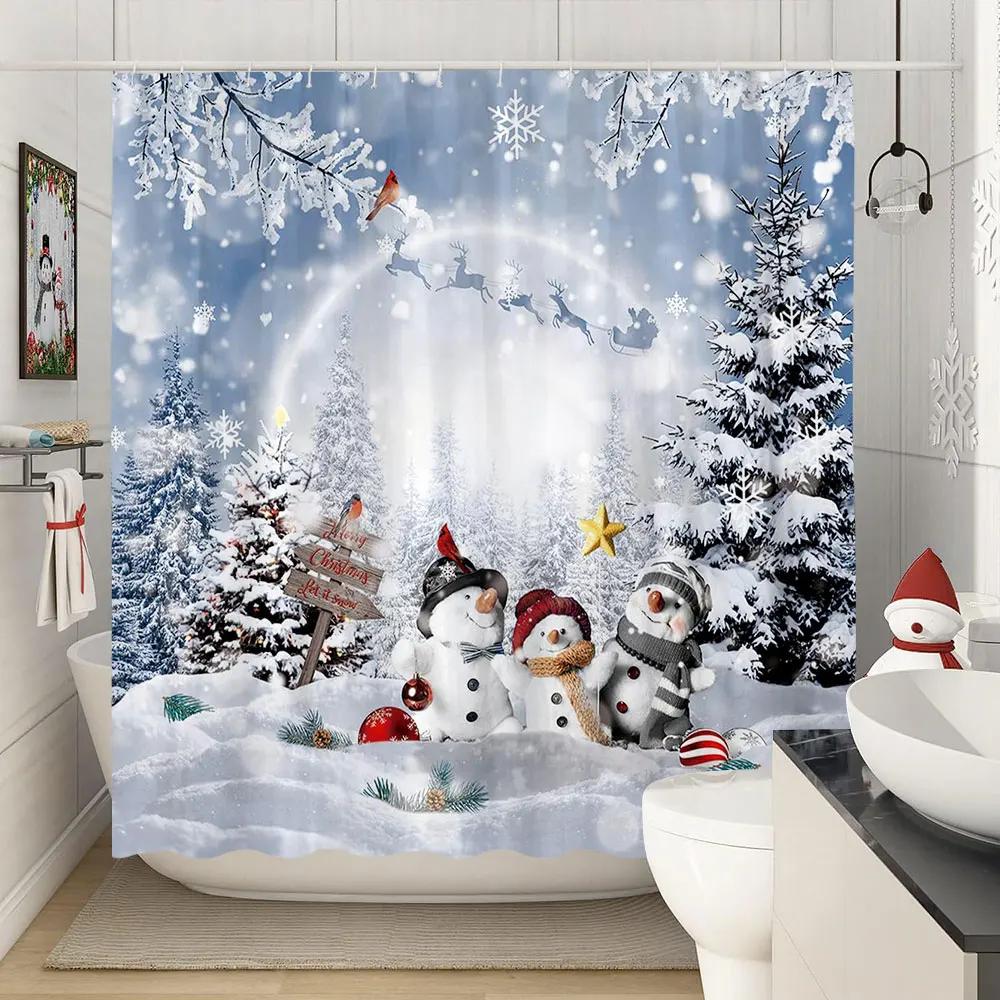 Winter Christmas Shower Curtain Xmas Reindeer Nature Forest Snowy Scenery Farmhouse Bath Curtain Polyester Fabric Bathroom Decor