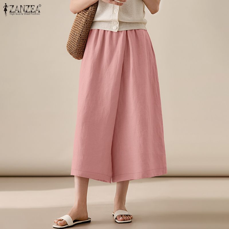 ZANZEA Women Casual Elastic Waist Loose Wide Leg Capris Pants