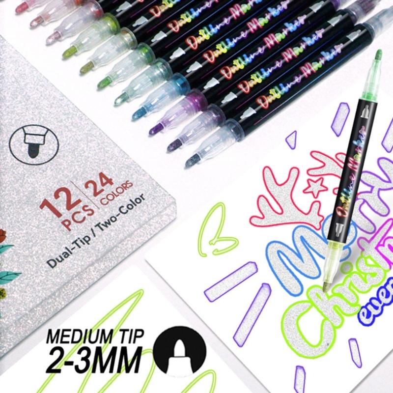 Pack of 12Pcs Assorted Colors Colorful Outline Pens Glitter Pens Set Kids Double Line Outline Pens for Arts and Crafts
