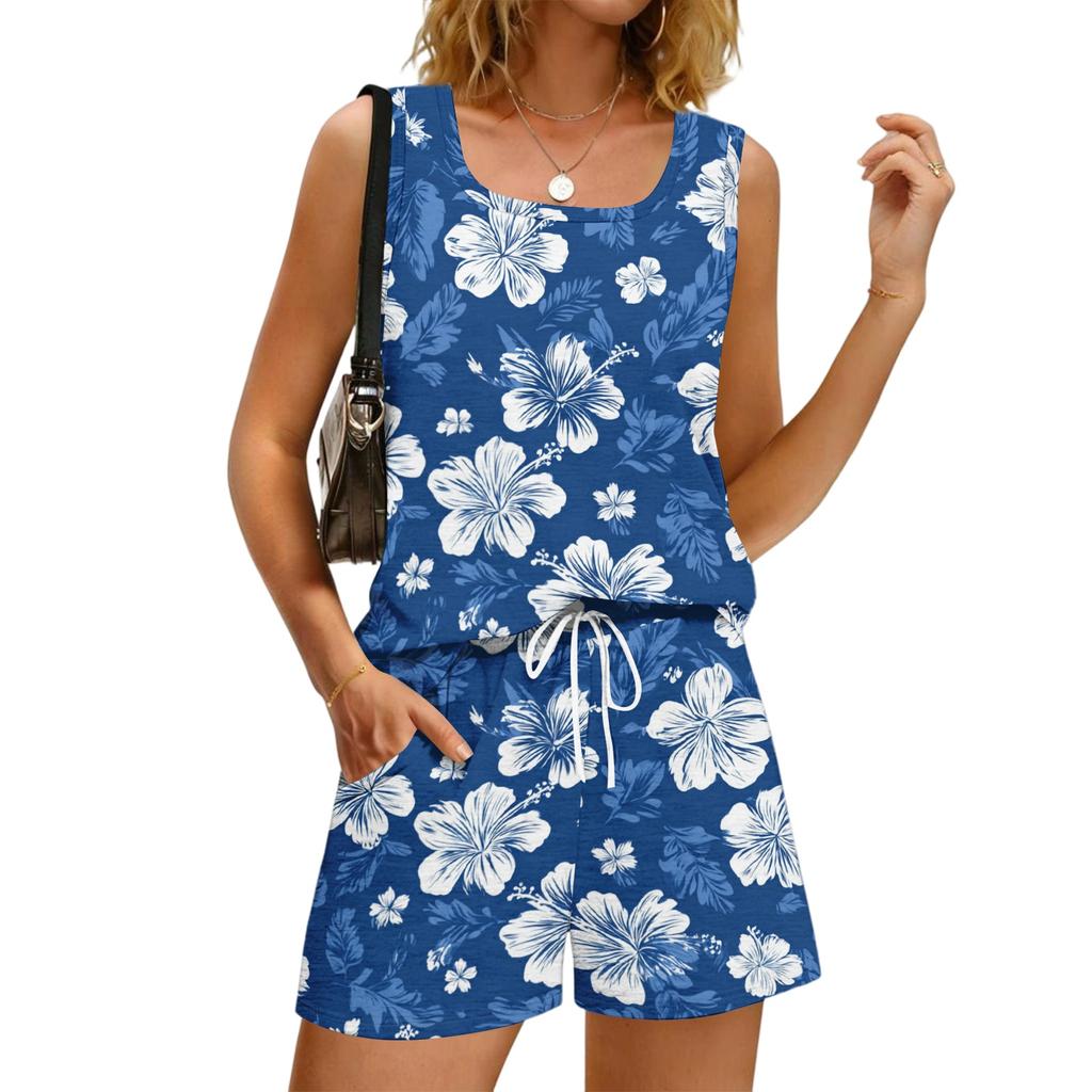 Women's Summer Casual Floral Print Tank Top Square Neck Sleeveless Sportswear Set with Pockets Shorts Two Piece Outfit