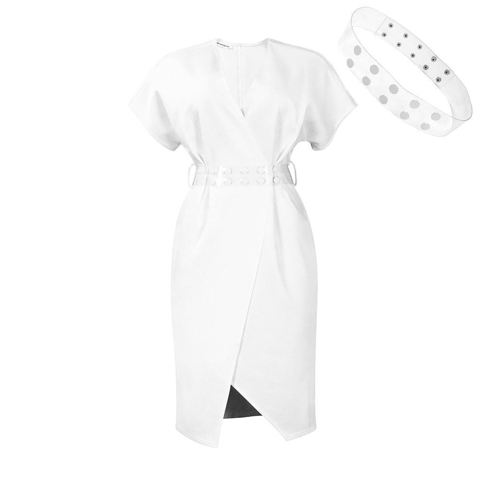 Large Size Women Summer Fashion Solid Dress Ladies Sexy One Piece V Neck Slit Dress with Belt
