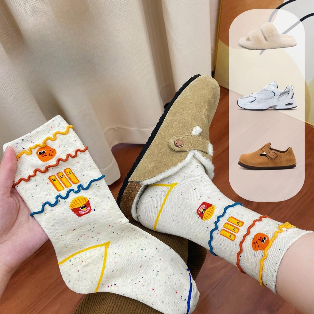 Damen Herbst Mid-Calf Socken, Kreative Pommes Frites, Baumwollsocken, Bequeme Atmungsaktive Socken, Trendige und Vielseitige Socken