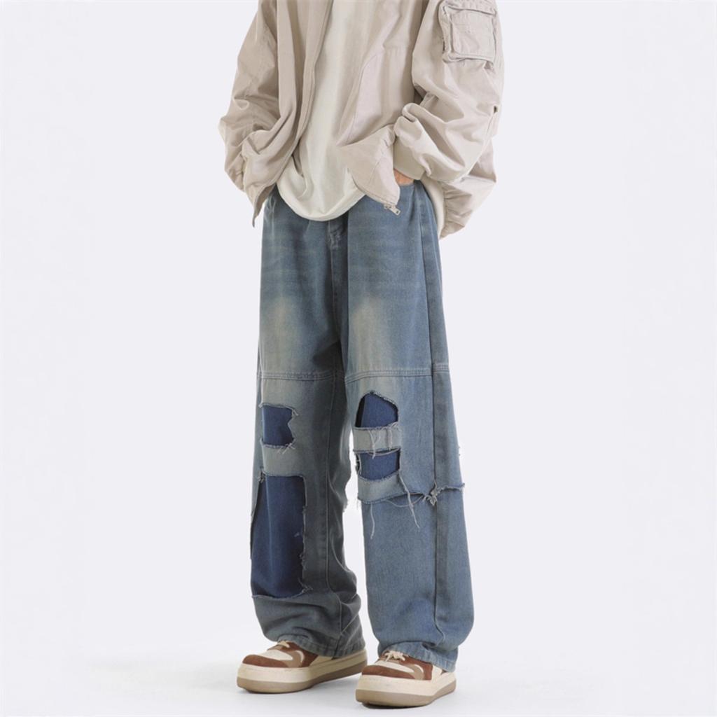 Ripped patch jeans men's retro trendy brand ruffian handsome American street hip hop loose drape wide leg dad pants tide