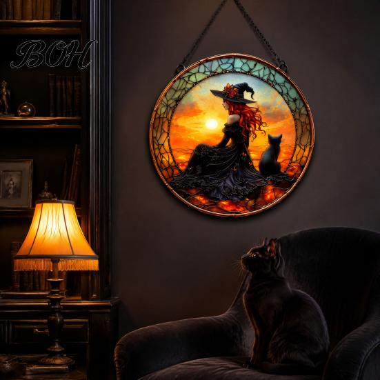 Witchcraft Aesthetic Room Decor Halloween Moon Black Cat Suncatcher Jigsaw Puzzle, 2D Acrylic Mystical Feline Window Hanging Decor, 7.87 Inch