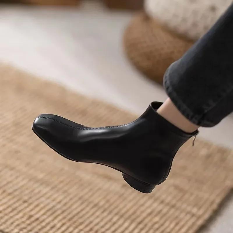 Fashion Women Soft Leather Ankle Boots Square Toe Round Mid Heel Zipper Fashion Short Boot Autumn Winter Ladies Shoes Beige Retro Boots