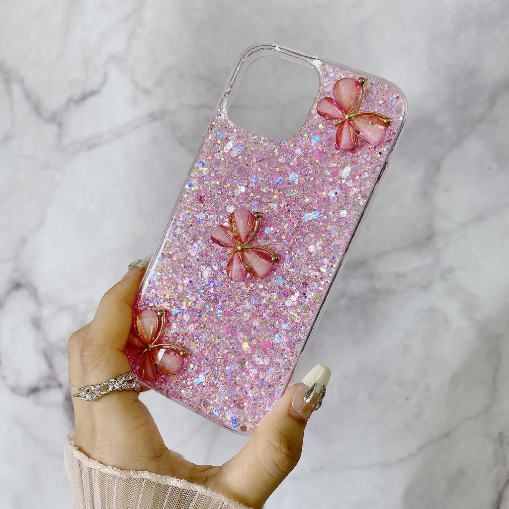 Für iPhone 14 Hülle Weiches TPU Epoxid Glitzer Handyhülle 3D Schmetterlinge Design Ästhetisch