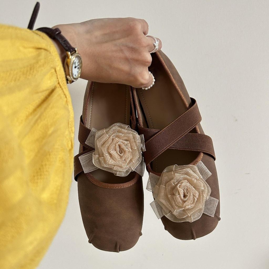 Inner heightening version~ Leather platform ballet shoes women's flower thick heel Mary Jane single shoes wedge heel high heels ladyshoes