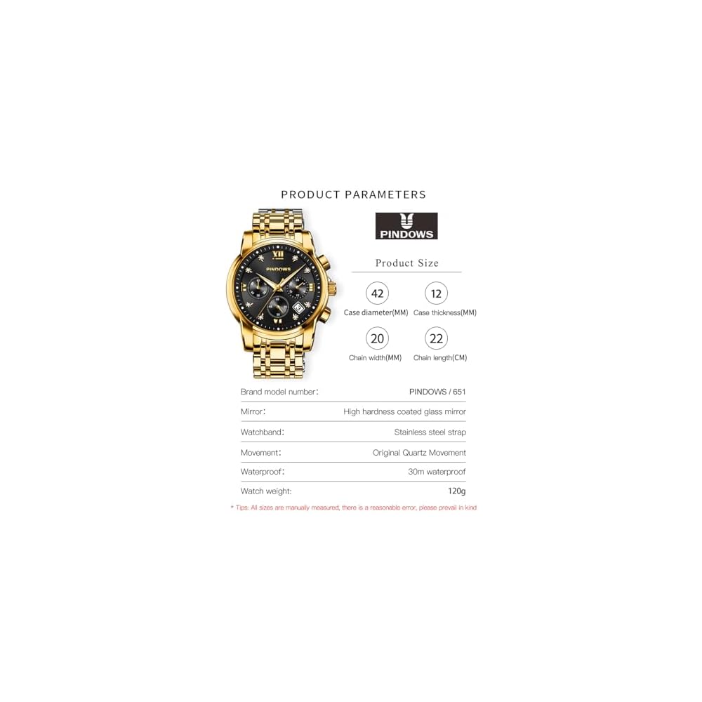 PINDOWS Men's Analog Quartz Watch Diamond Business Dress Waterproof Luminous Date Two-Tone Stainless Steel Band Classic Fashion Watch