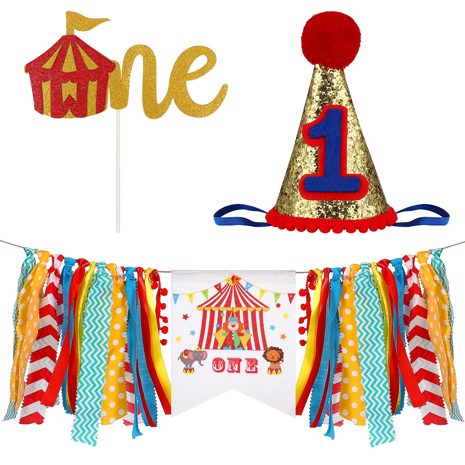 3 Pcs  First Birthday Circus Carnival Theme Colorful Banner Cake Flag Hat Baby Party Supplies For Birthday Decorations
