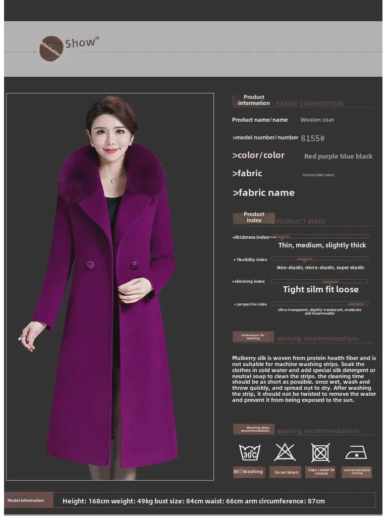 Palton mare de lână, cu croiala dublu, pentru femei - lungime medie, până la genunchi, guler de lână, design high-end