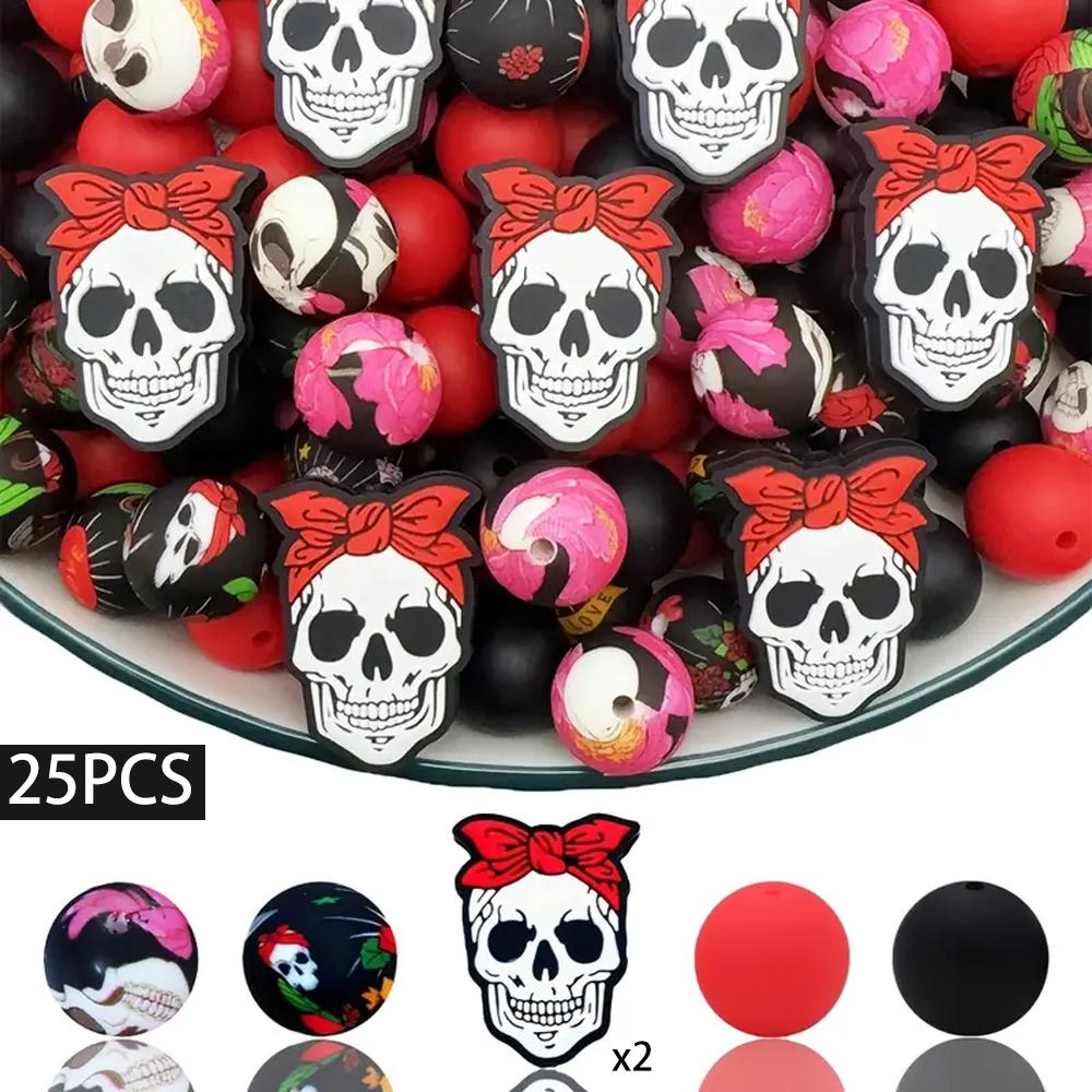 25PCS Multi-Size Halloween-Themed Silicone Beads Set, Perfect for DIY Craft Projects Like Keychains, Necklaces, Bracelets & More