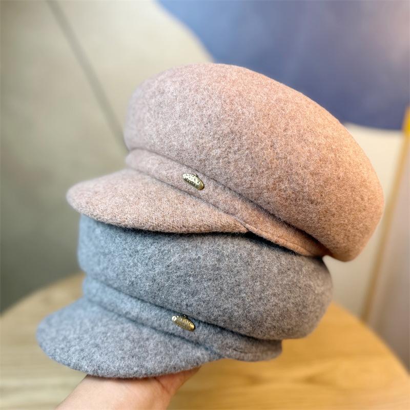 Wollbarett Damen Herbst und Winter Vielseitiges Temperament Entenschnabelmütze Koreanischer Stil Gesicht zeigend Klein Warm Retro Schiebermütze