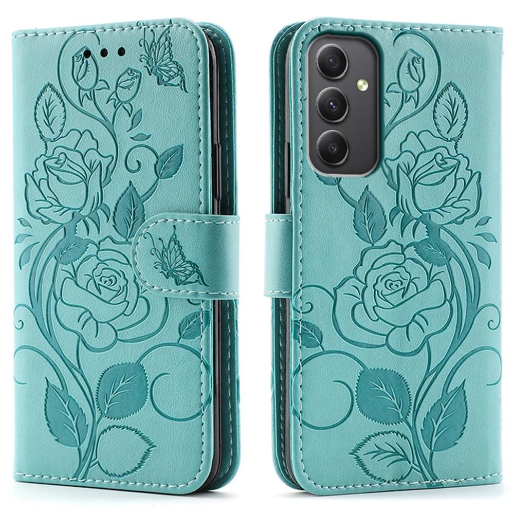 

For Samsung Galaxy A55 5G Case Wallet Stand Imprinted Rose Butterfly PU Leather Phone Cover Green