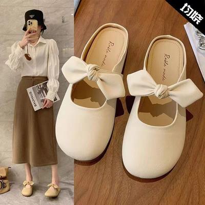 Baotou Slippers Women's Lazy Shoes 2024 Summer New French Gentle Bow One-pedal Half-support Single Shoes
