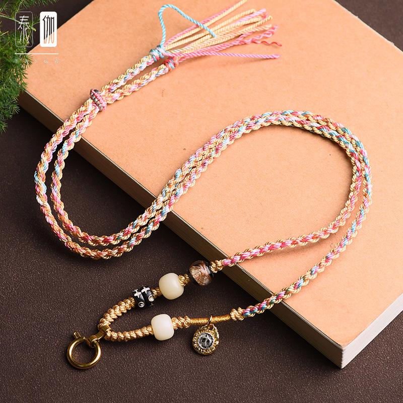 Handmade Thai Amulet Chain: Tibetan Thangka Pendant with Hand-Rubbed Cotton Rope & Dzi Agate - Style A