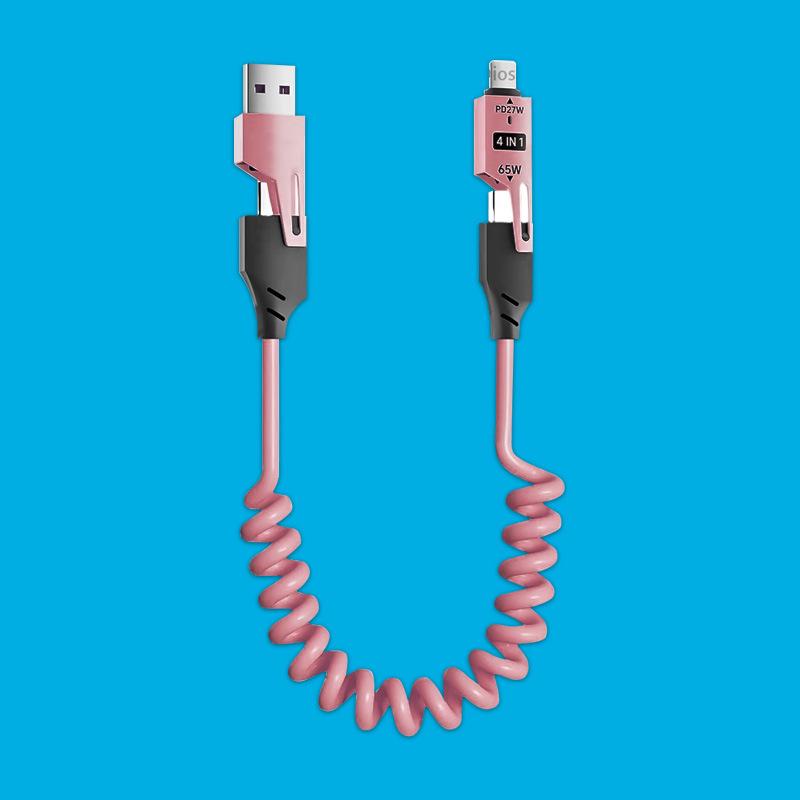 65W Spring Retractable 4-in-1 Charging Cable for iPhone 16 & Huawei Phones
