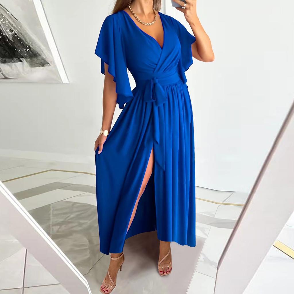 Women's Casual Color Irregular Flared Sleeves Loose V Neck Long Dress