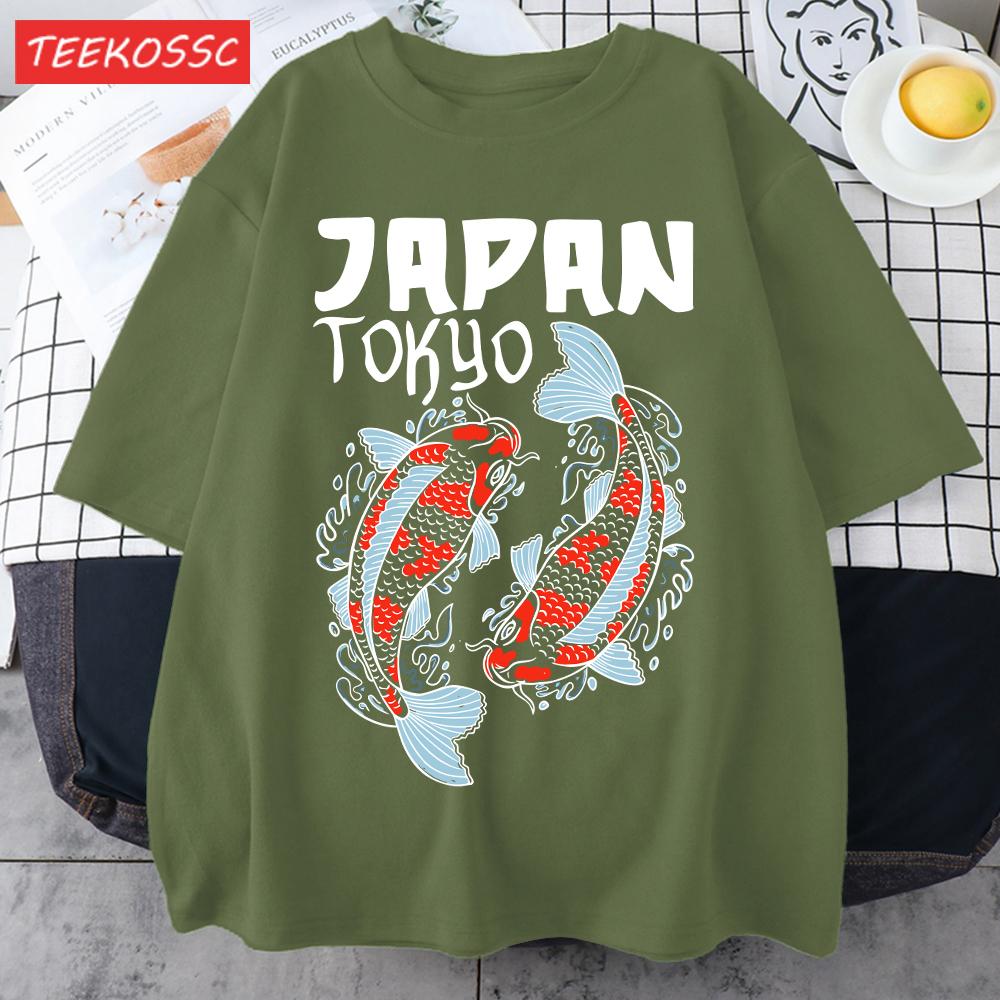 Harajuku Japan Tokyo Koi Print Man TShirt Summer New Loose Short Sleeve ONeck Cotton T Shirts Trendy Unisex AllMatch Clothes