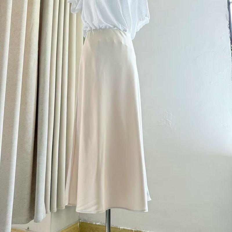 

Single Layer Satin Pure Color Elastic Waist Long Skirt Shallow khakis XL