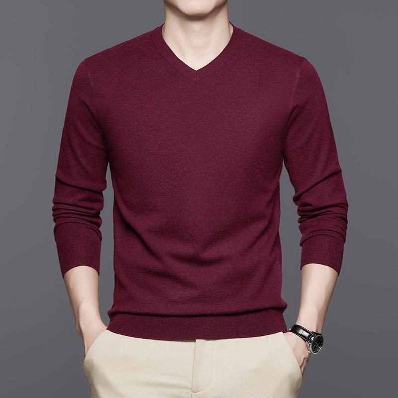 Men's Autumn and Winter Middle-aged Men's Dad Wear V-neck Versatile Solid-color Knitted Sweater Bottoming Shirt