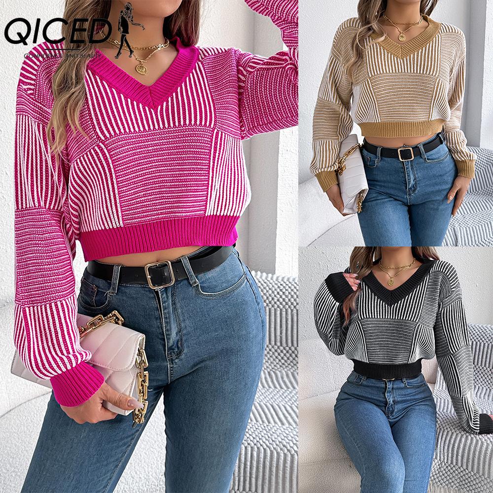 QICED Autumn and Winter Casual Striped Lantern Sleeve Pullover Crop Top Women's Sweater