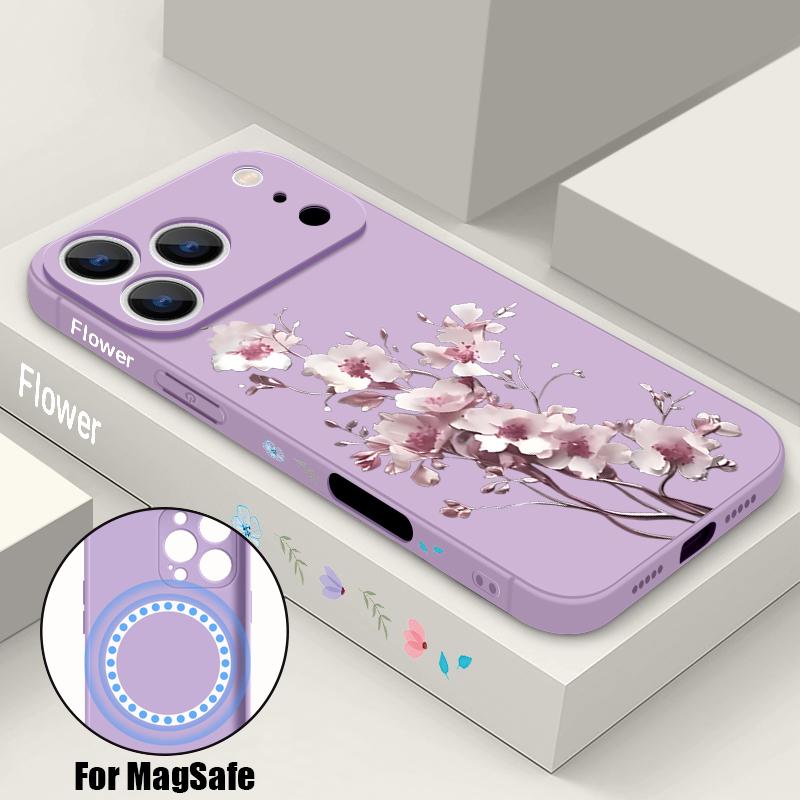 

Vintage Floral Case For iPhone 17 Pro Max iPhone 16 15 14 13 Pro Max Magnetic For Magsafe Soft Silicone Phone Back Cover iPhone 13 Pro Max фиолетовый
