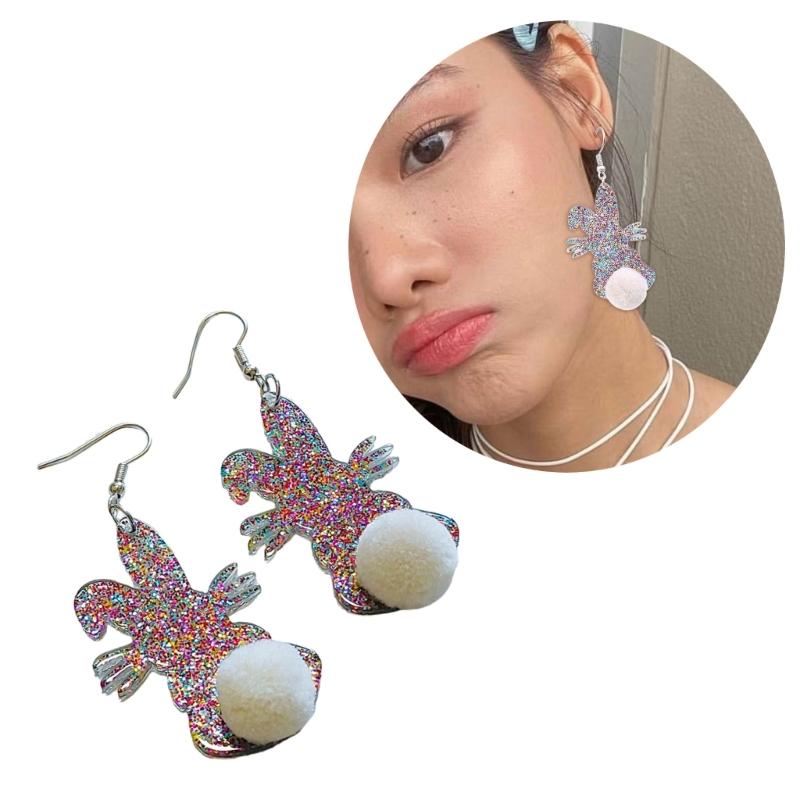 Acrylic Rabbit Plush Ball Drop Earrings Colorful Sequins Charm Earrings Jewelry