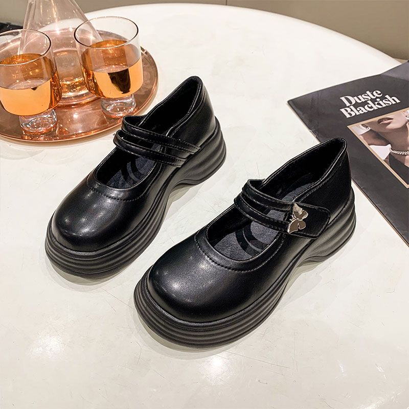

heightened platform Mary Jane shoes women s shoes 2025 new one-word butterfly buckle single shoes black non-slip muffin small leather shoes 35 чёрный