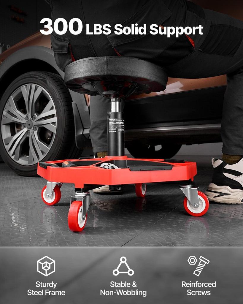 Rolling Mechanic Stool Adjustable Garage Seat 300 lbs Load with Wheels