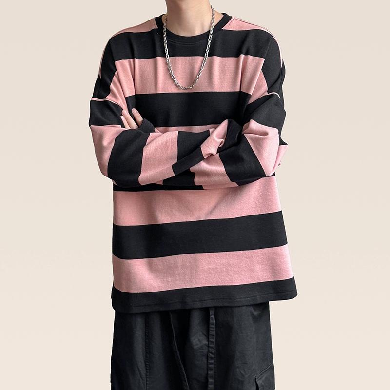 Fashion Punk Men Harajuku Black Pink Striped Hoodies Male Loose Oversized Long Sleeve Boys Tees Retro Hoodies Punk Clothes Boys Pullover