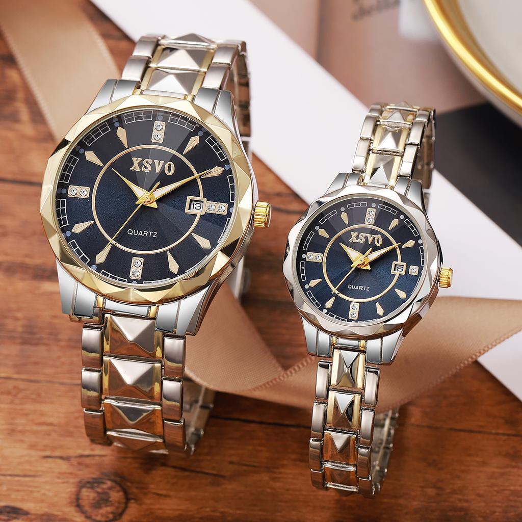 New Elegant Quartz Watch Couple's Watch Blue Disc with Diamond Calendar Functional Steel Chain Quartz Watch Set Daily Match