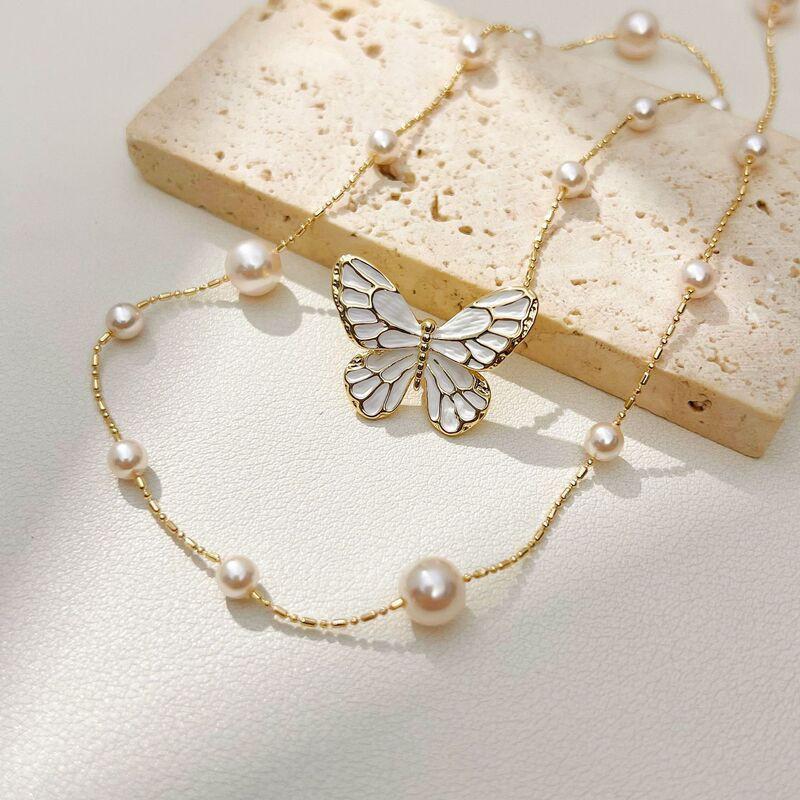 Elegant Pearl Butterfly Pendant Necklace Women Gold Tone Lock Chain Minimalist Chic Jewelry Gold