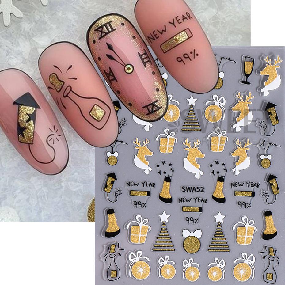 Christmas Nail Art Sticker 3D Winter Glitter Elk Snowflake Gingerbread Man Decals  Sliders DIY Manicure Decorations