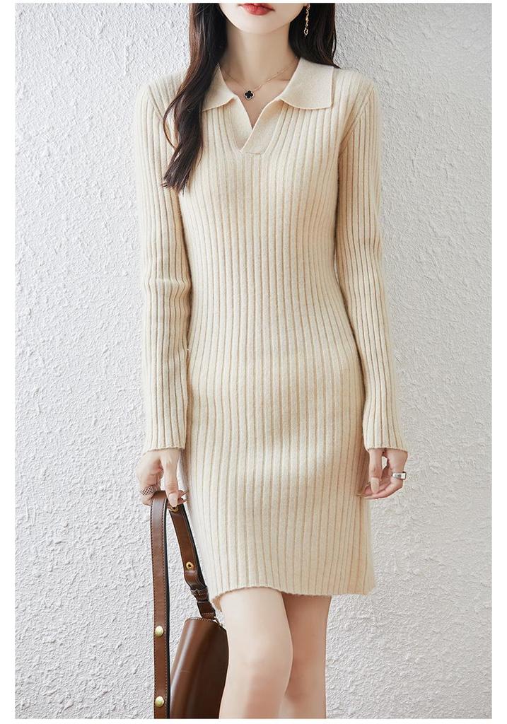 Women's Polo Neck Wool Sweater Dress - Slim Fit, Knee-Length, Ideal as Base Layer for Autumn/Winter Coats